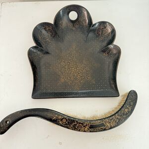 Antique Crumb Tray Brush Set Scalloped Papier Mache Chinoiserie Late 19 Century